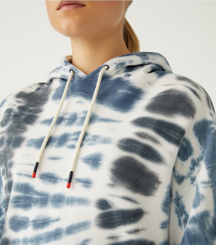 Tory Sport designer sweaters Tie-Dye French Terry Hoodie in Tory Navy, Sport Black Tie Dye on model detail