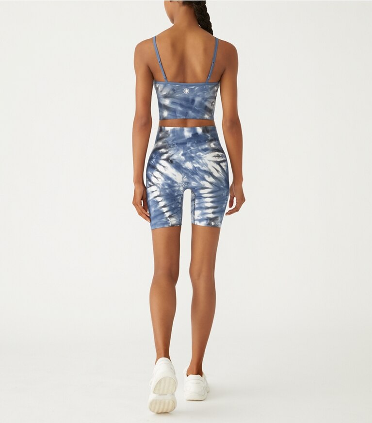 Tory Sport designer sports bras Tie-Dye Seamless Long Bralette in Tory Navy, Sport Black Tie Dye front