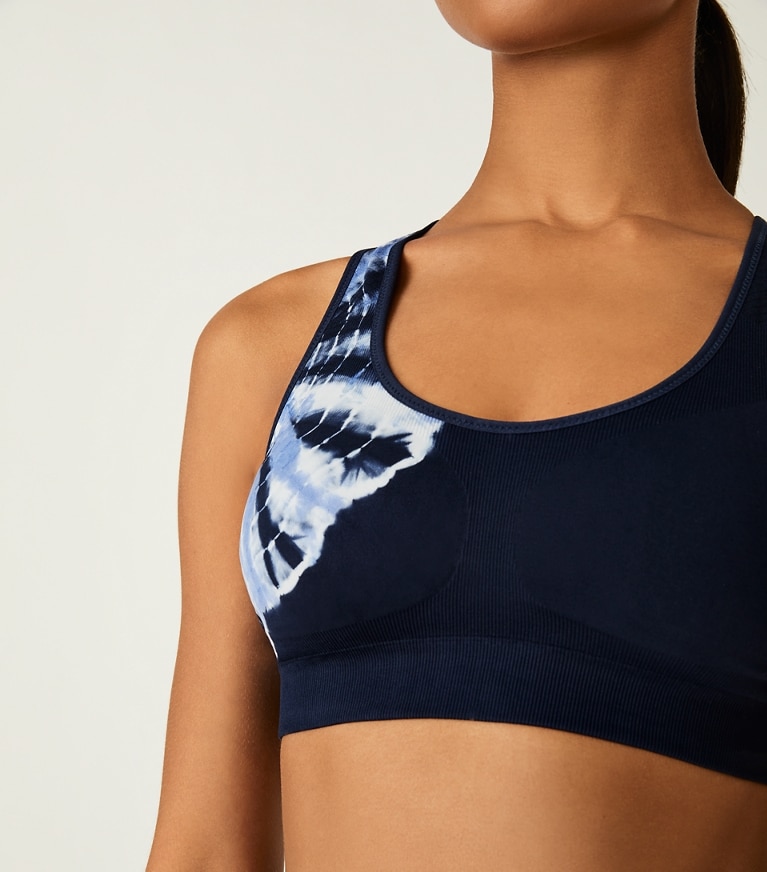 Tory Sport designer sports bras Tie-Dye Seamless Racerback Bra in Tory Navy Tie Dye Sun front