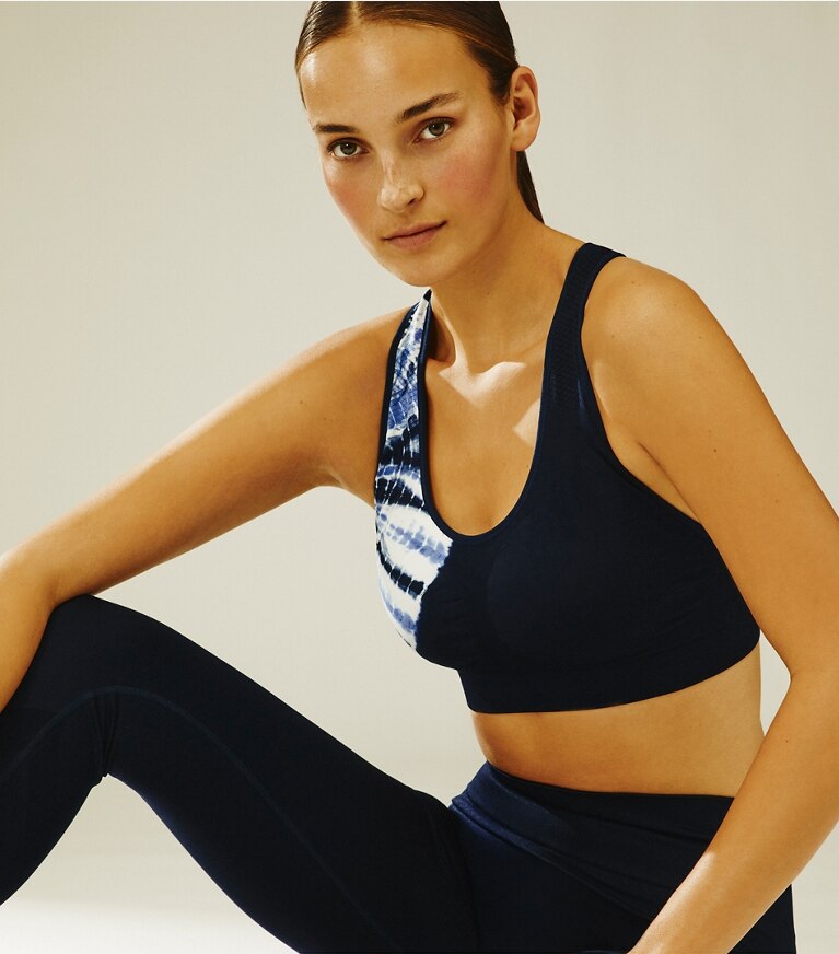 Tory Sport designer sports bras Tie-Dye Seamless Racerback Bra in Tory Navy Tie Dye Sun front