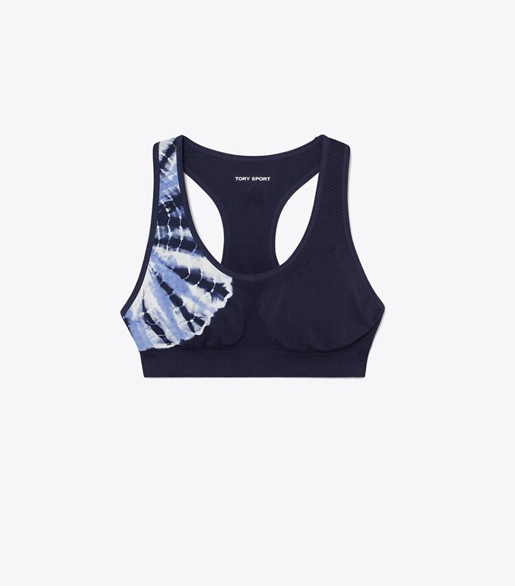 Tory Sport designer sports bras Tie-Dye Seamless Racerback Bra in Tory Navy Tie Dye Sun front
