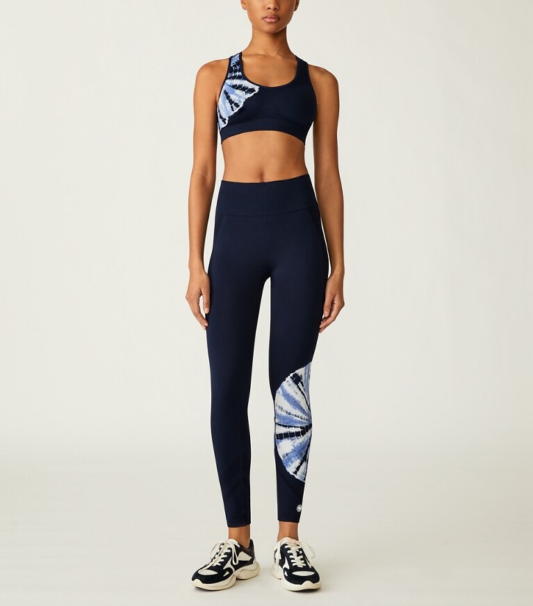Tory Sport designer sports bras Tie-Dye Seamless Racerback Bra in Tory Navy Tie Dye Sun front