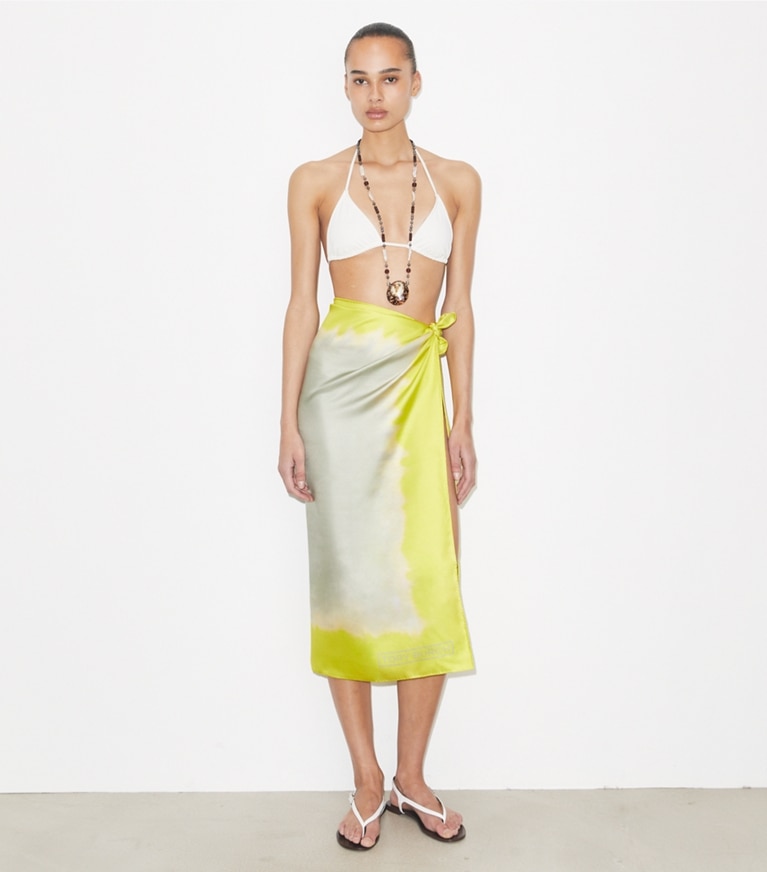 Tory Burch designer scarves Tie-Dye Silk Square Scarf in Khaki / Yellow accessory on model