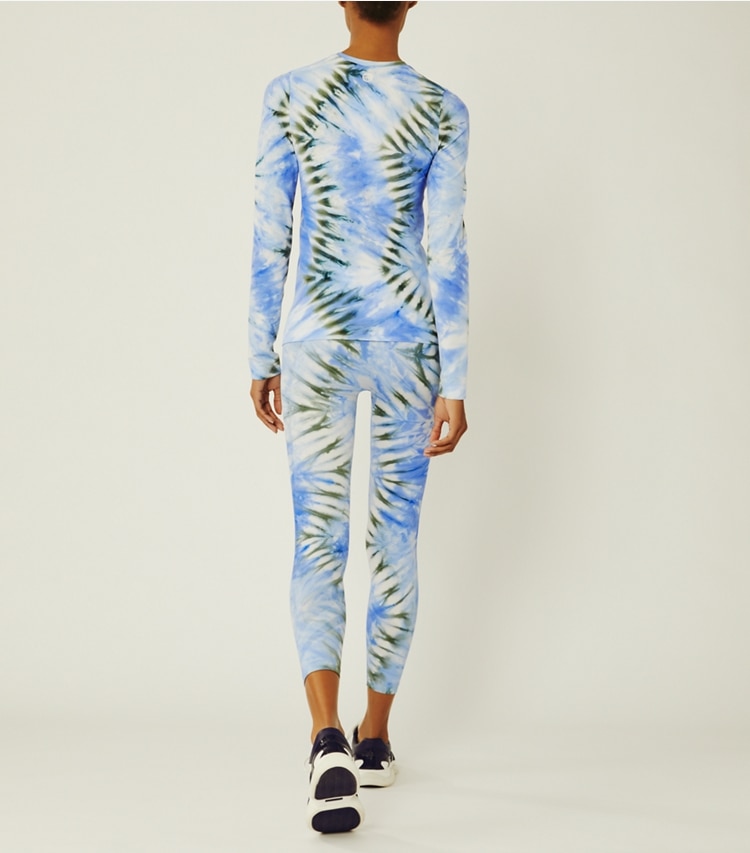 Tory Sport designer tops Tie-Dye Tissue-Seamless Long-Sleeve Top in Volley Blue Tie Dye on model back
