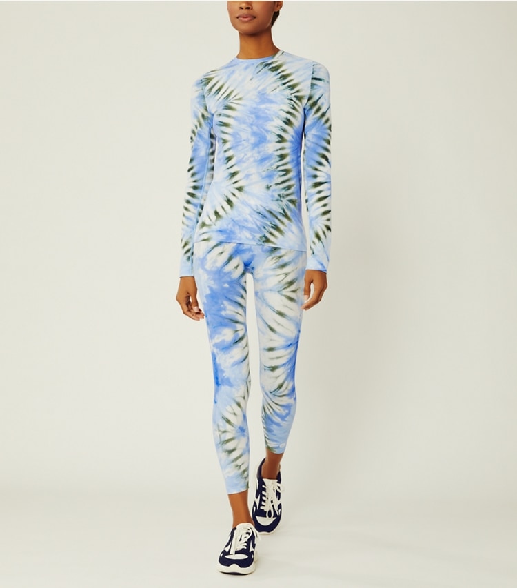 Tory Sport designer tops Tie-Dye Tissue-Seamless Long-Sleeve Top in Volley Blue Tie Dye on model front