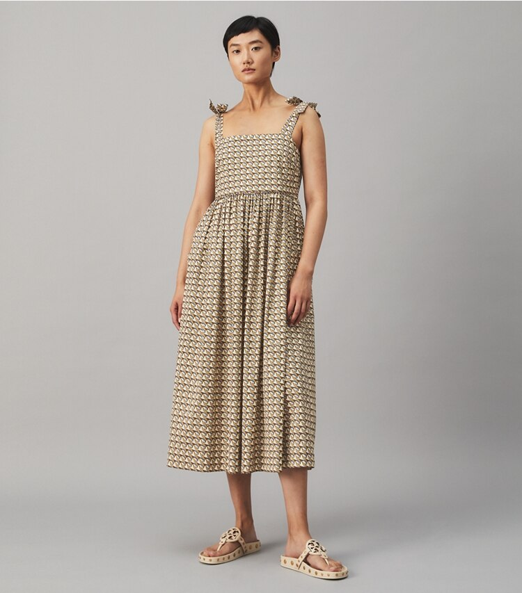 Tory Burch designer coverups Tie-Shoulder Beach Dress in FRENCH CREAM RIBBON WAVE on model front