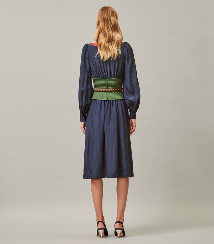 Tory Burch designer dresses Tie-Waist Dress in Tory Navy on model back