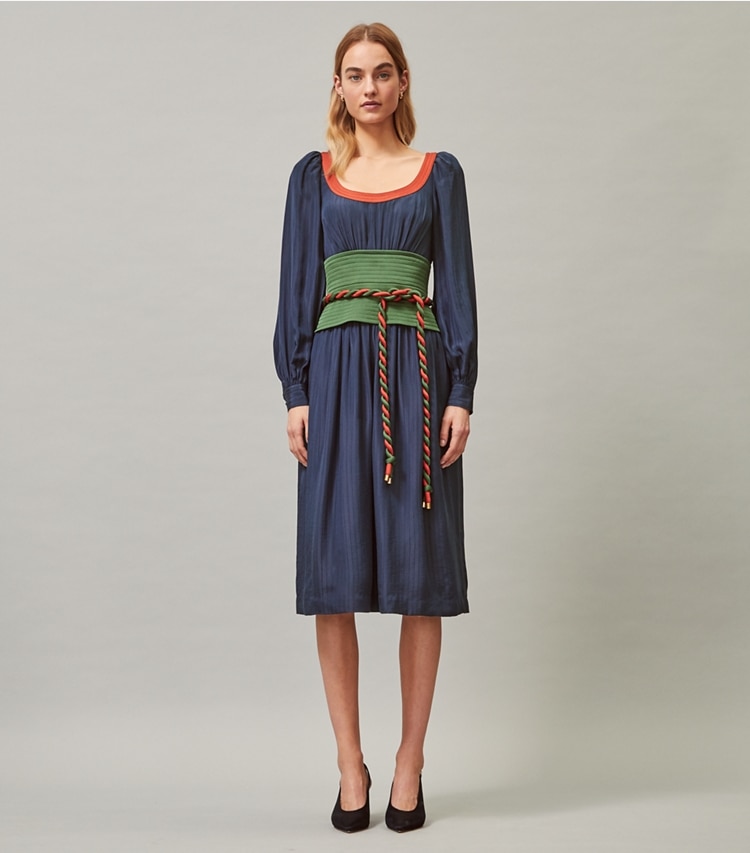 Tory Burch designer dresses Tie-Waist Dress in Tory Navy on model front