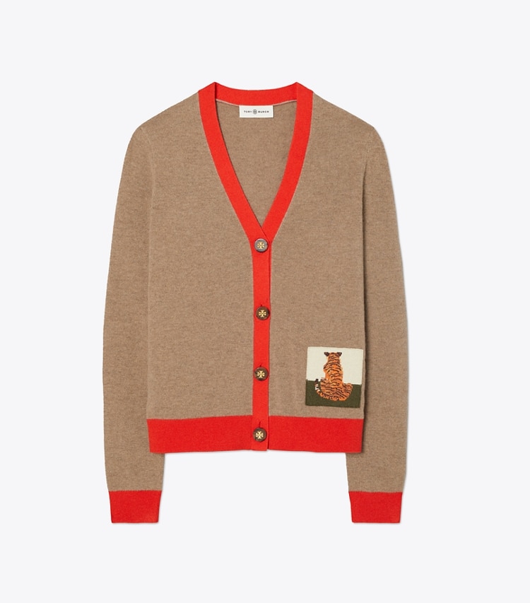 Tory Burch designer sweaters Tiger Patch Cashmere Cardigan in RICH TAUPE / BRILLIANT RED front