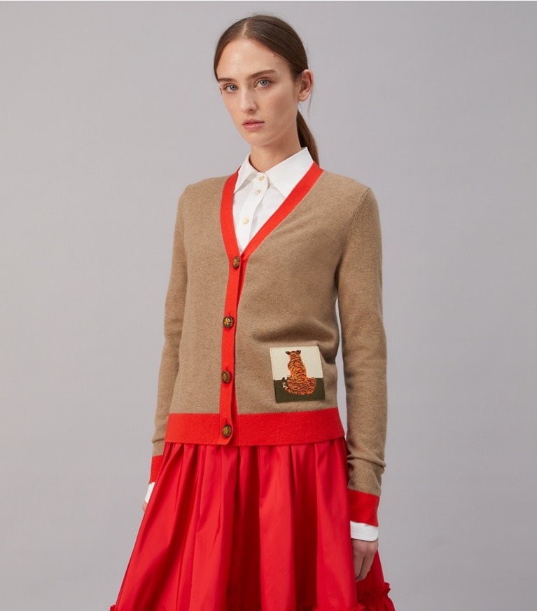Tory Burch designer sweaters Tiger Patch Cashmere Cardigan in RICH TAUPE / BRILLIANT RED front