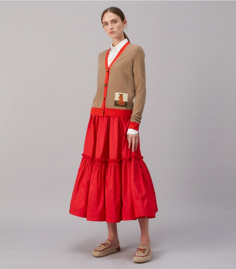 Tory Burch designer sweaters Tiger Patch Cashmere Cardigan in RICH TAUPE / BRILLIANT RED front