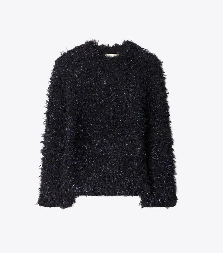 Tory Burch designer sweaters Tinsel Mockneck Sweater in BLACK / Black Navy Iridescent front
