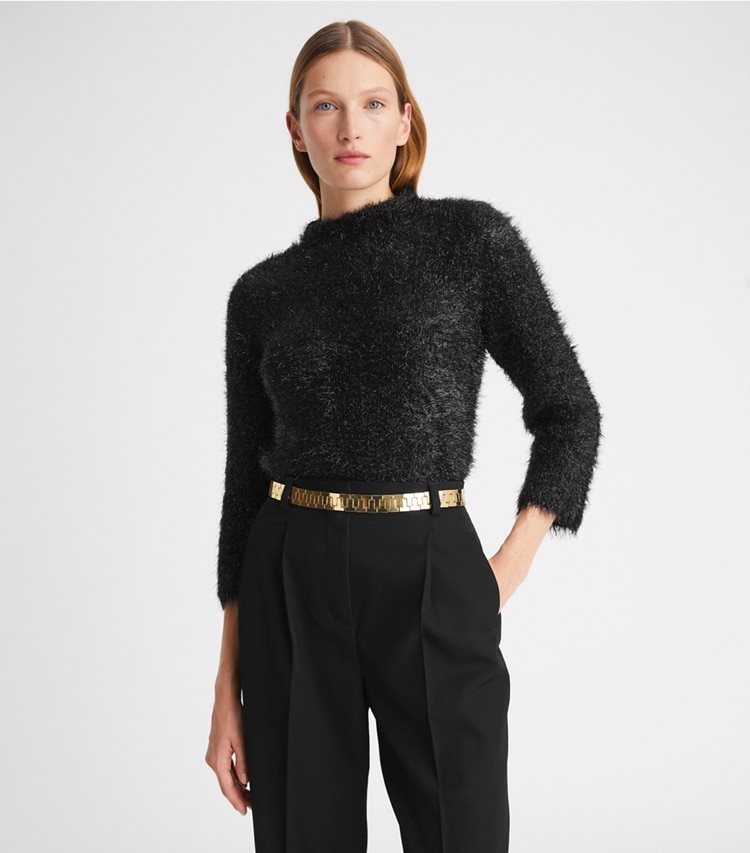Tory Burch designer sweaters Tinsel Mockneck Sweater in Black Iridescent on model detail