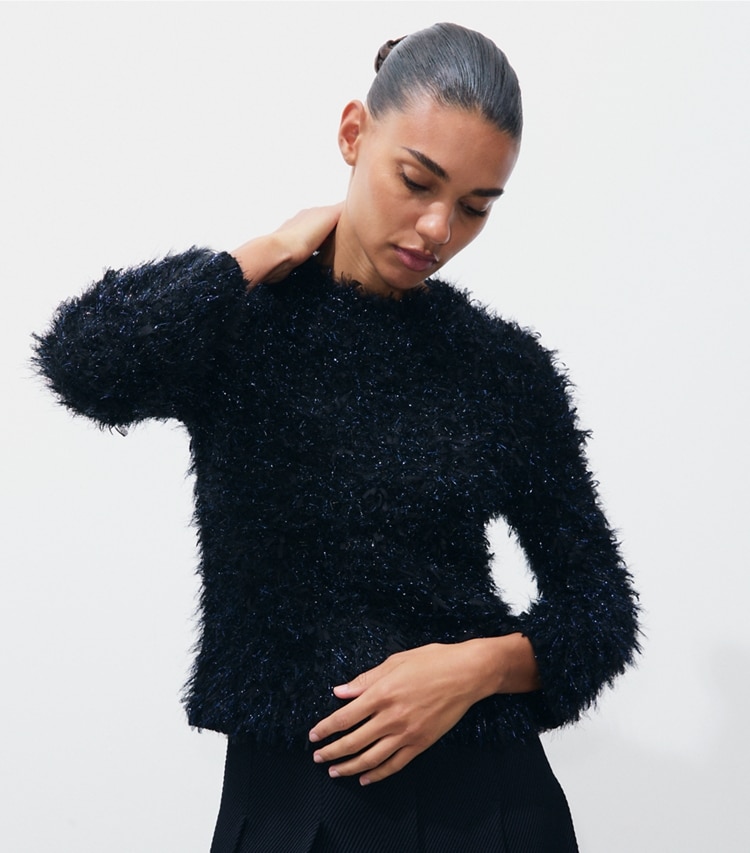 Tory Burch designer sweaters Tinsel Mockneck Sweater in BLACK / Black Navy Iridescent on model detail