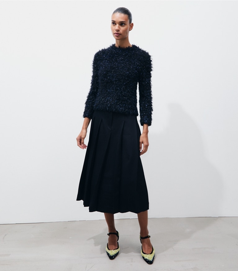 Tory Burch designer sweaters Tinsel Mockneck Sweater in BLACK / Black Navy Iridescent on model front