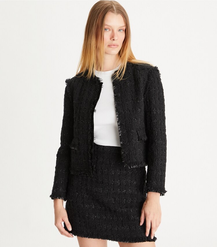 Tory Burch designer jackets Tinsel Tweed Jacket in Black on model detail