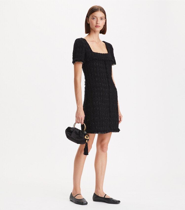 Tory Burch designer dresses Tinsel Tweed Mini Dress in Black on model front