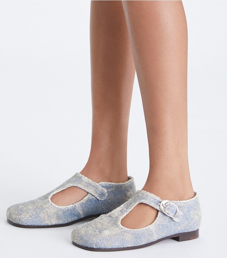 Tory Burch diseñador zapatos planos Tira en T violeta en DENIM adicional en modelo