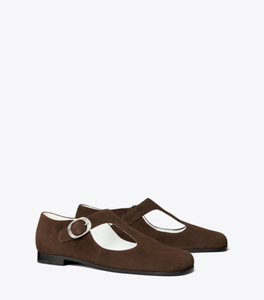 Tory Burch diseñador calzado plano Tira en T violeta en DARK COCOA ángulo