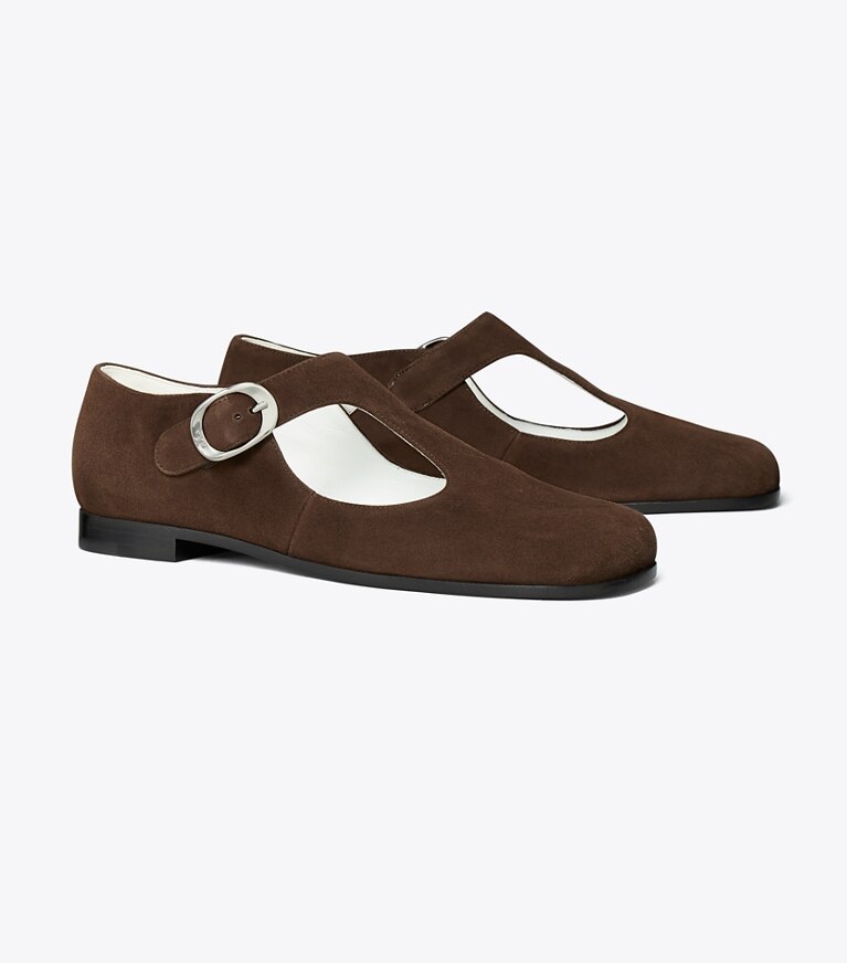 Tory Burch diseñador zapatos planos Tira en T violeta en DARK COCOA ángulo