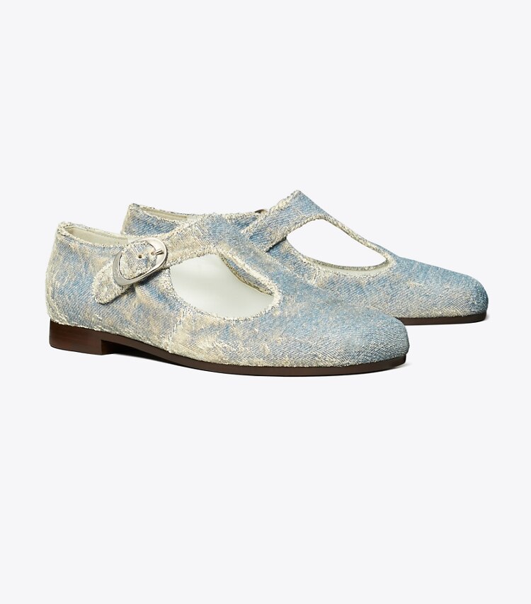 Tory Burch diseñador zapatos planos Tira en T violeta en DENIM ángulo