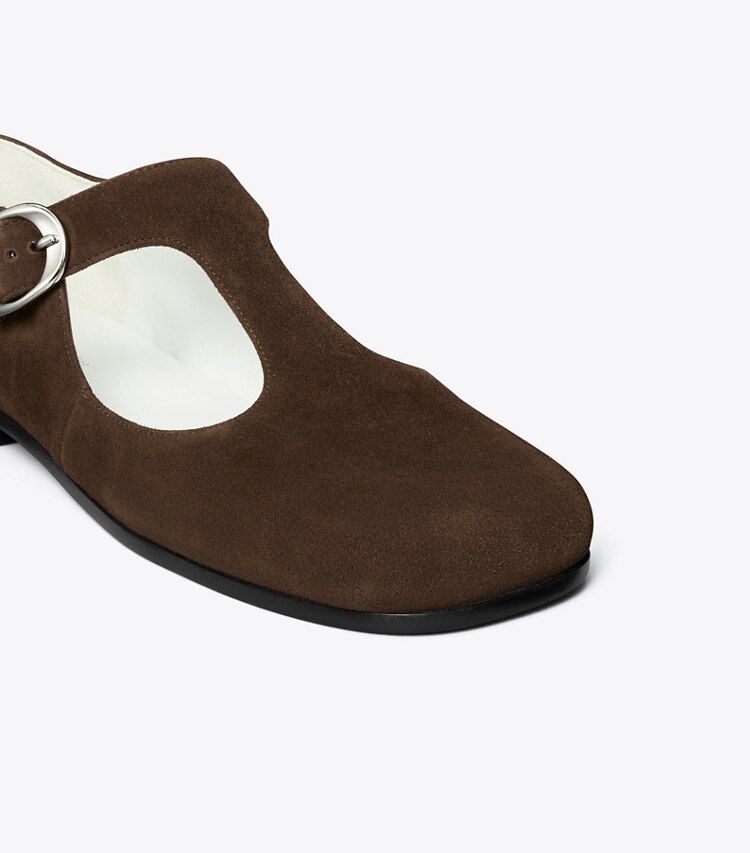 Tory Burch diseñador zapatos planos Tira en T violeta en DARK COCOA detalle