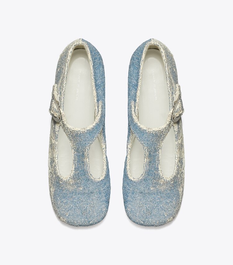 Tory Burch diseñador zapatos planos Tira en T violeta en DENIM vista superior