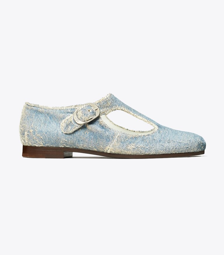 Tory Burch diseñador zapatos planos Tira en T violeta en DENIM lateral