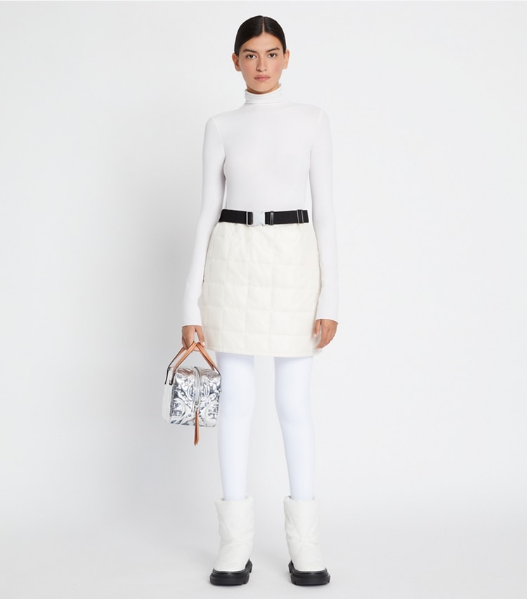 Tory Sport designer tops Tissue-Seamless Long-Sleeve Mockneck in Optic White on model front