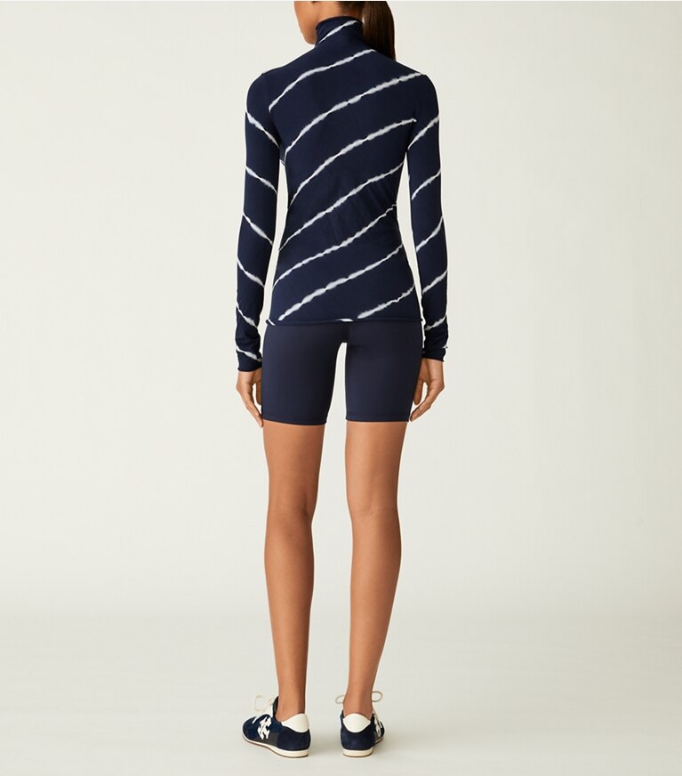 Tory Sport designer tops Tissue-Seamless Long-Sleeve Shibori Mockneck in Tory Navy  Diagonal Shibori front
