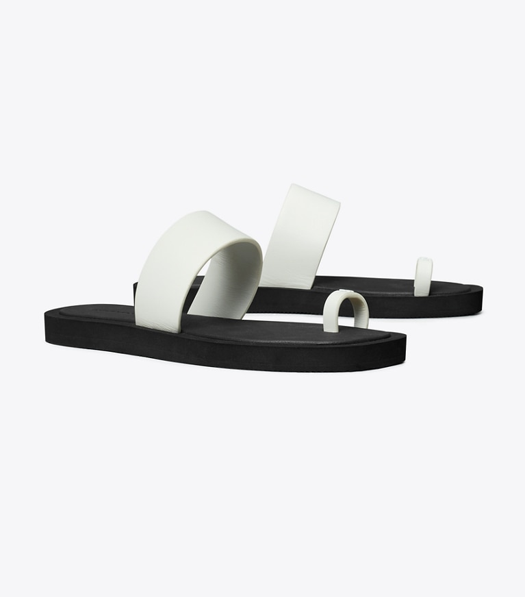 Tory Burch designer sandals Toe Ring Slide in CLOUD / PERFECT BLACK angle