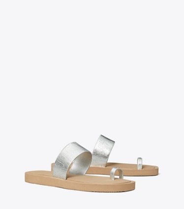 Tory Burch designer sandals Toe-Ring Slide in SILVER / CHANTERELLE MUSHROOM angle