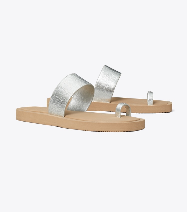 Tory Burch designer sandals Toe-Ring Slide in SILVER / CHANTERELLE MUSHROOM angle