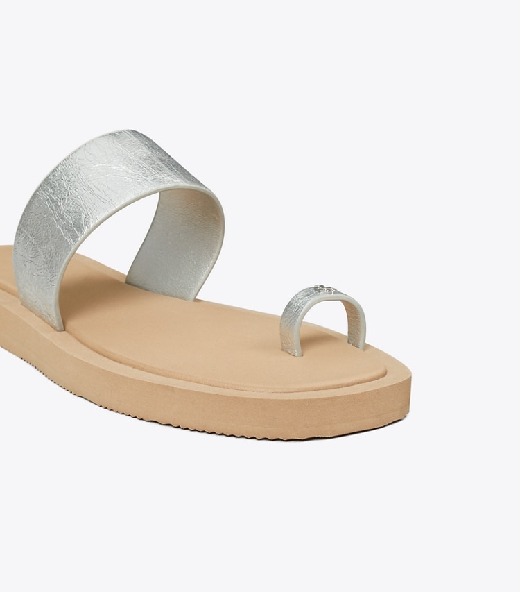 Tory Burch designer sandals Toe-Ring Slide in SILVER / CHANTERELLE MUSHROOM detail