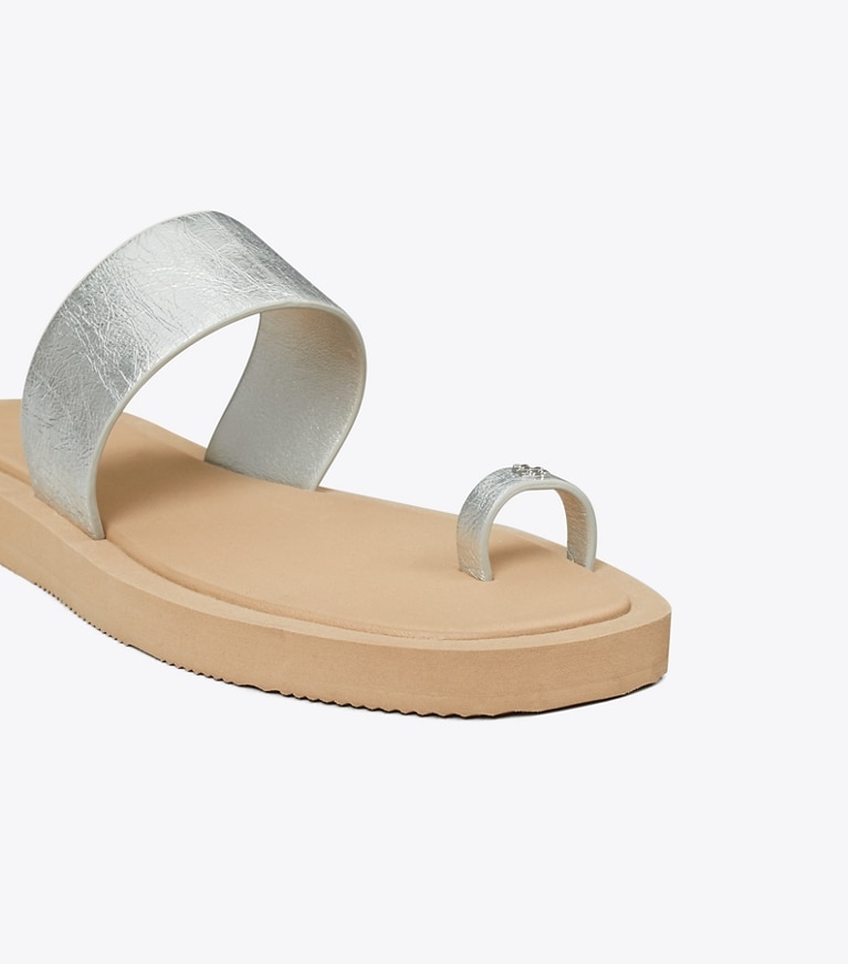 Tory Burch designer sandals Toe-Ring Slide in SILVER / CHANTERELLE MUSHROOM angle