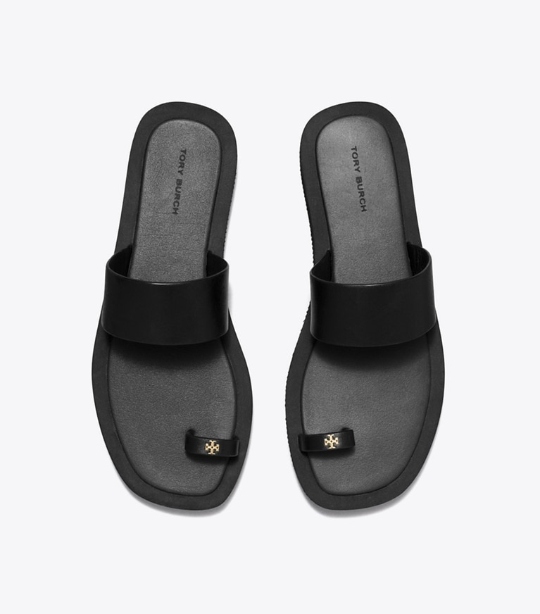 Tory Burch designer sandals Toe Ring Slide in PERFECT BLACK / PERFECT BLACK angle