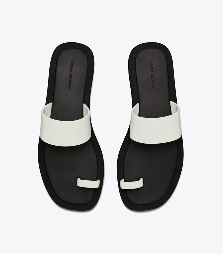Tory Burch designer sandals Toe Ring Slide in CLOUD / PERFECT BLACK angle