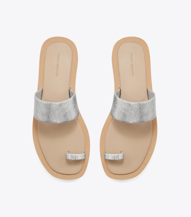 Tory Burch designer sandals Toe-Ring Slide in SILVER / CHANTERELLE MUSHROOM angle