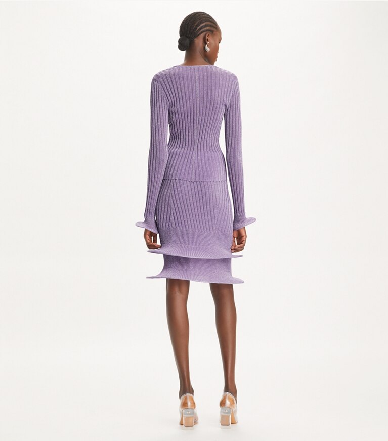 Tory Burch designer maglioni Top a cerchio metallizzato con scollo a U in Bright Lavender front