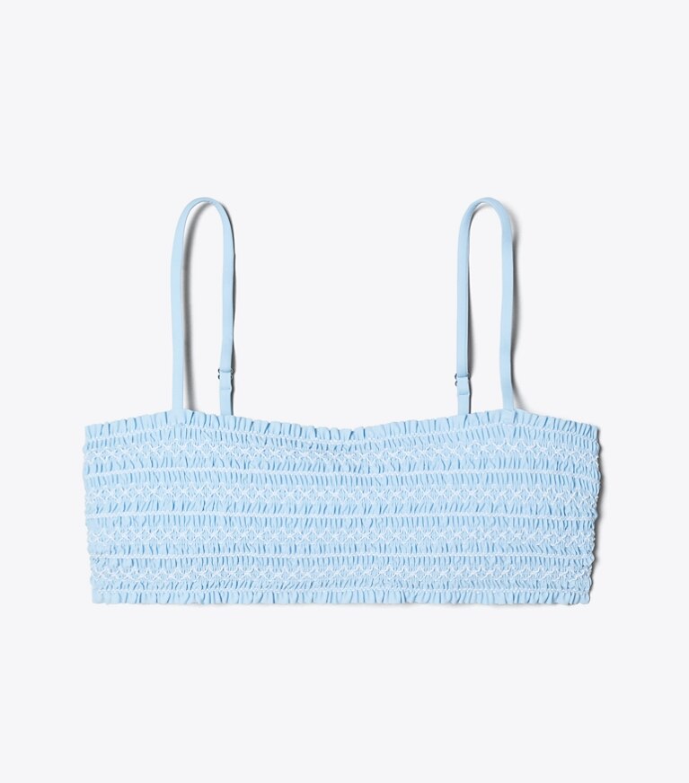 Tory Burch designer bikini Top a fascia Costa a punto smock in Washed Sky / White front