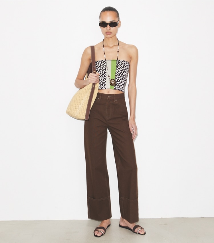 Tory Burch designer tops Top a fascia in jacquard in Ivory / Dark Red / Green additional on model