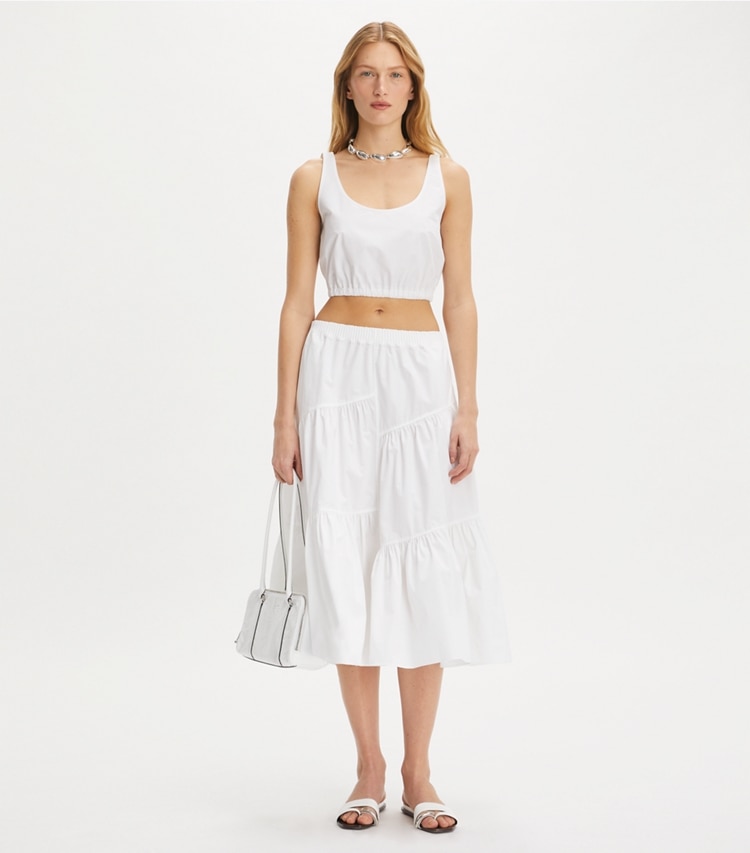 Tory Burch designer strandmode Top aus Baumwollpopeline in White modell von vorn