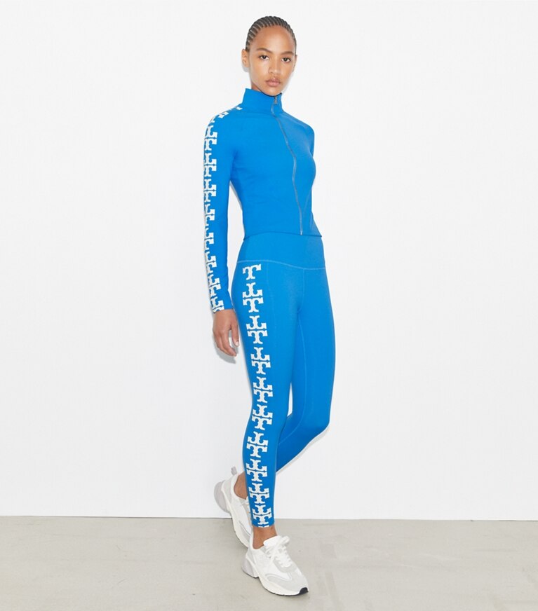 Tory Burch designer oberteile Top aus Nylon mit Logo und Reißverschluss in Bay Blue modell von vorn