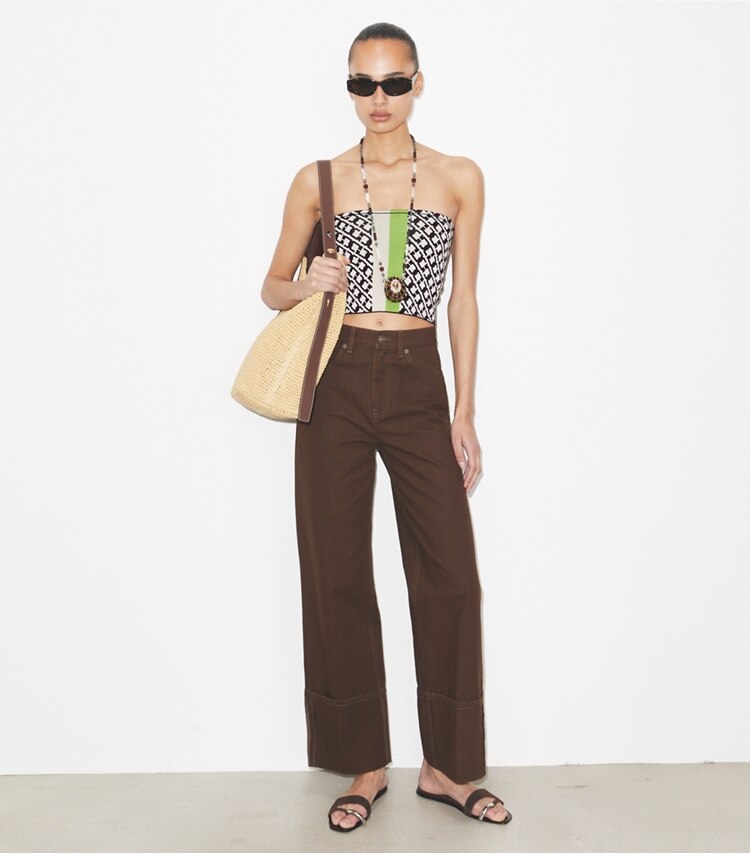 Tory Burch diseñador tops Top bandeau de jacquard en Ivory / Dark Red / Green adicional en modelo
