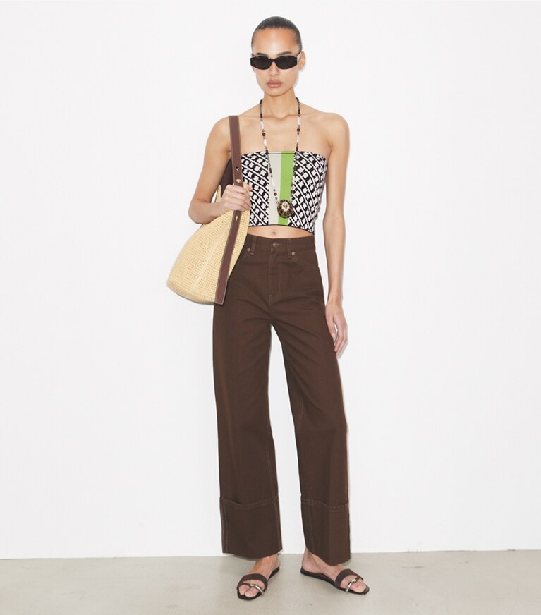 Tory Burch diseñador tops Top bandeau de jacquard en Ivory / Dark Red / Green adicional en modelo