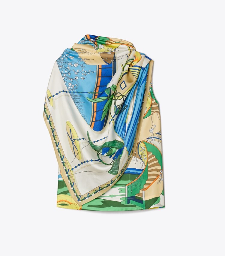 Tory Burch diseñador tops Top capa de seda estampada en The Pool Blue frente
