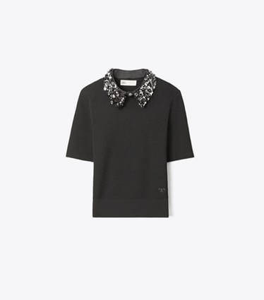 Tory Burch designer tops Top con collo decorato e maniche corte in Black front