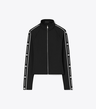 Tory Burch diseñador chaquetas Top con cremallera y ribete de nailon con logo en BLACK frente