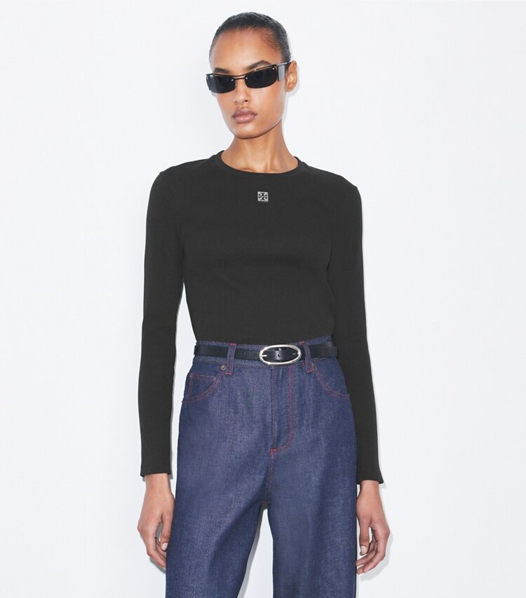 Tory Burch designer tops Top con logo in cotone in Black on model detail