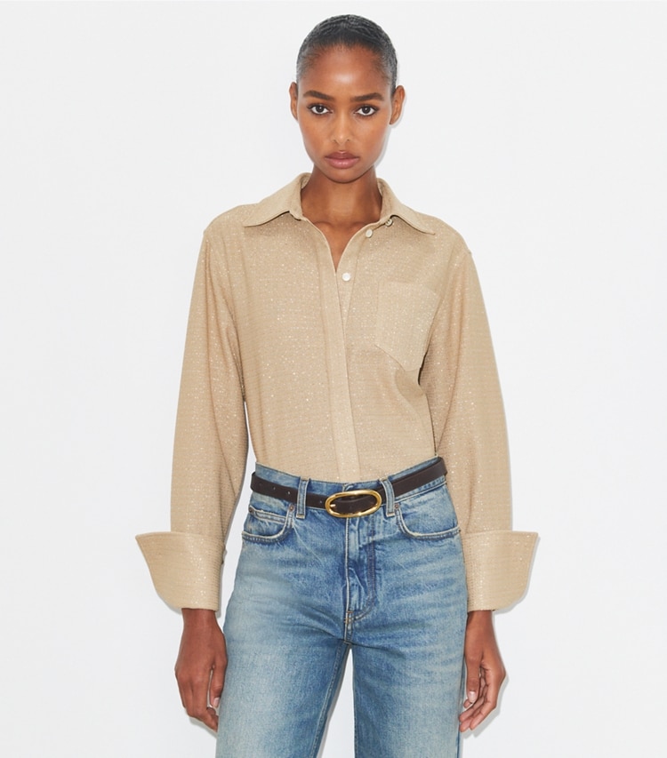 Tory Burch designer tops Top con polsini jacquard in Beige on model detail
